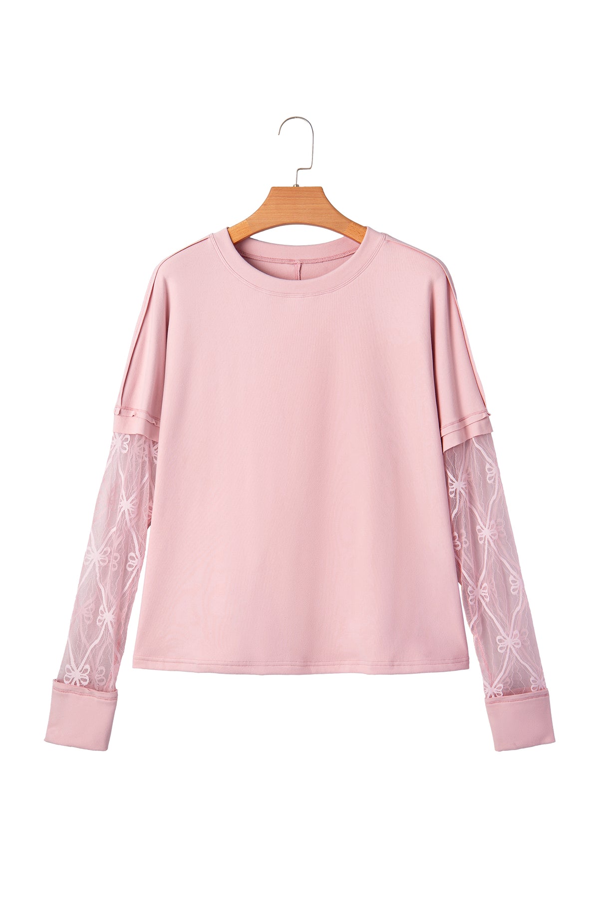 Light pink solid color long sleeve tee from Dear-Lover with textured patchwork and bow details, made of polyester and elastane.