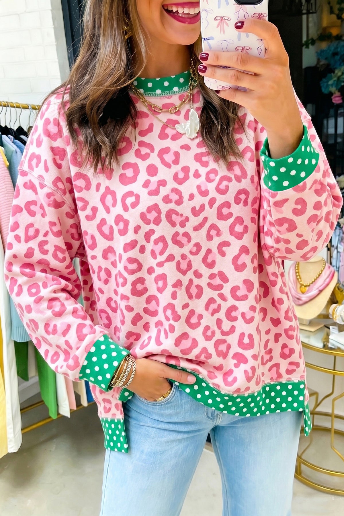 Pink Leopard Polka Dot Colorblock Trim Long Sleeve Top by Dear-Lover, featuring a vibrant print and contrasting colorblock details.