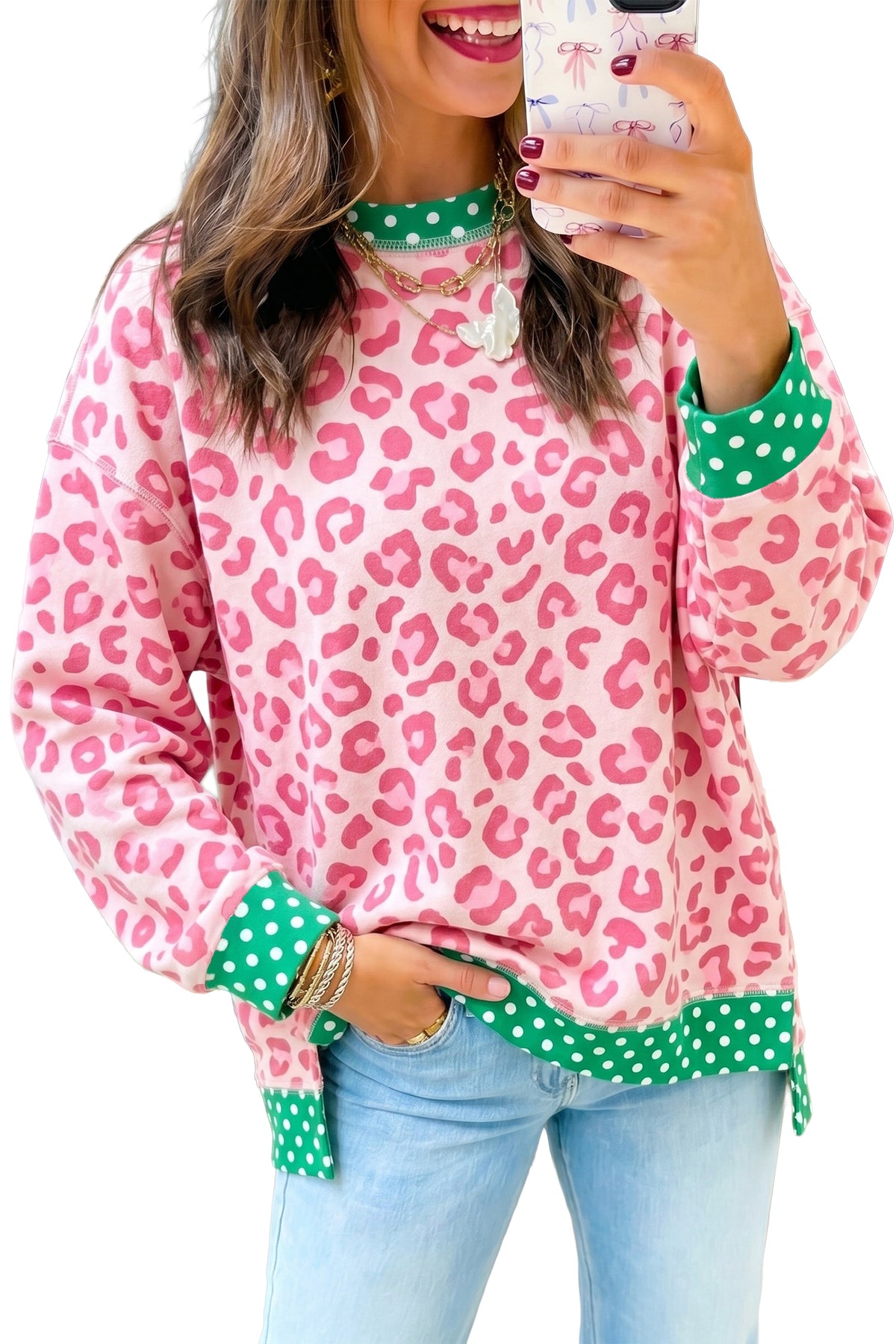 Pink leopard and polka dot print long sleeve top with colorblock trim by Dear-Lover, made of soft polyester fabric.