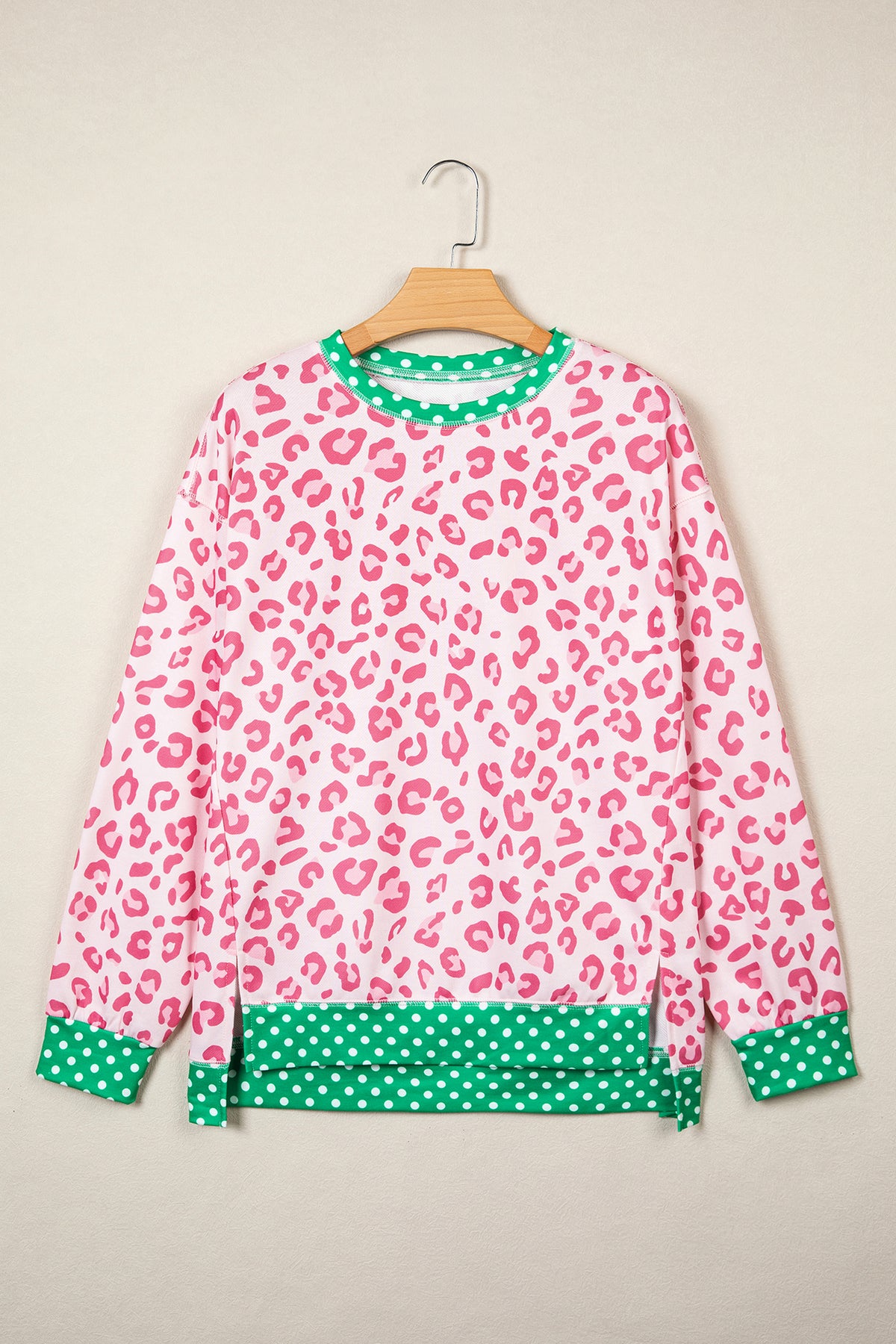Pink leopard and polka dot colorblock trim long sleeve top by Dear-Lover, featuring a stylish design and soft polyester fabric.