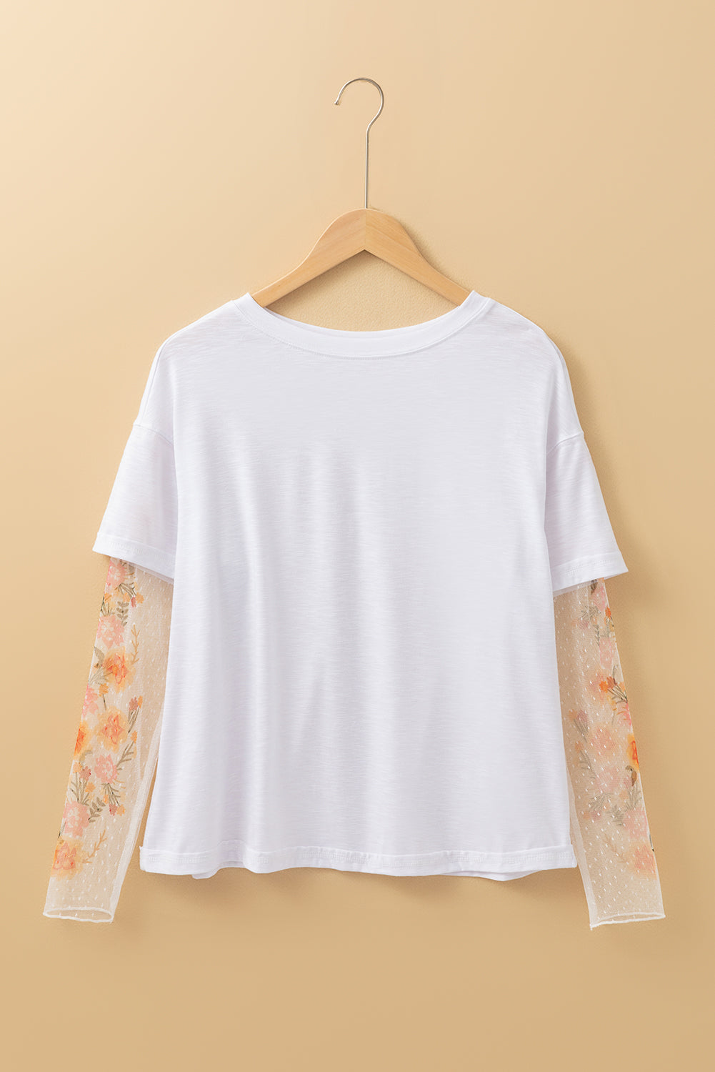 Dear-Lover Faux Two Piece Floral Long Sleeve Patchwork Tee, white long sleeve top with floral and patchwork design, made of polyester and viscose.