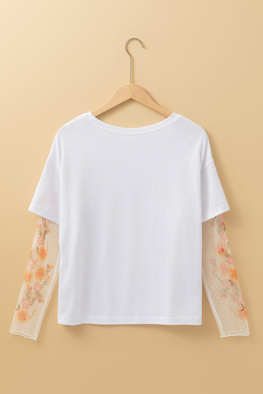 Faux two-piece floral long sleeve patchwork tee by Dear-Lover Dropshipping, white polyester, viscose, and elastane long sleeve top.