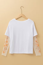 Faux two-piece floral long sleeve patchwork tee by Dear-Lover Dropshipping, white polyester, viscose, and elastane long sleeve top.