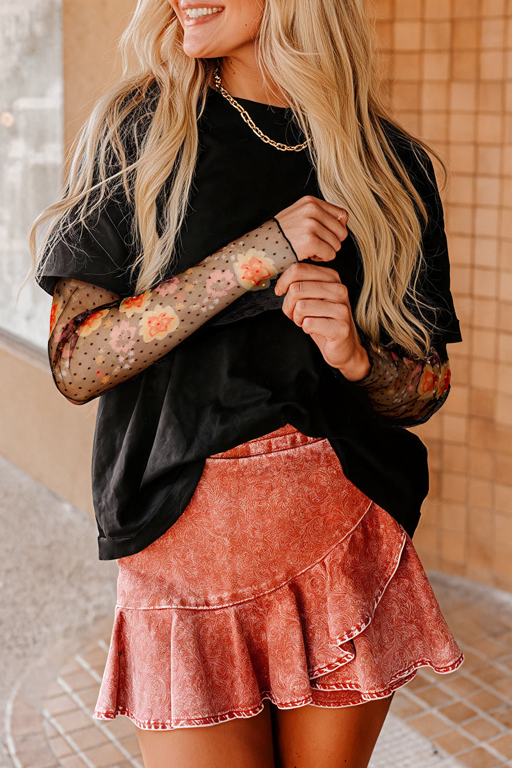 Faux two-piece floral long sleeve patchwork tee from Dear-Lover Dropshipping, white long sleeve top with floral design and patchwork details.