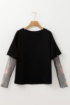 Dear-Lover Faux Two Piece Floral Long Sleeve Patchwork Tee, white long sleeve top with floral patchwork design.