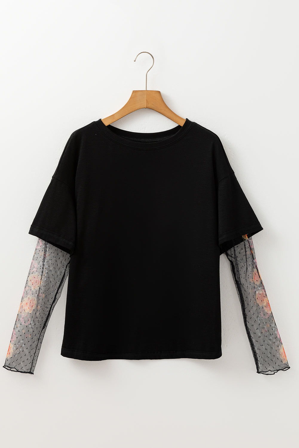 Dear-Lover Faux Two Piece Floral Long Sleeve Patchwork Tee, white long sleeve top with floral patchwork design.