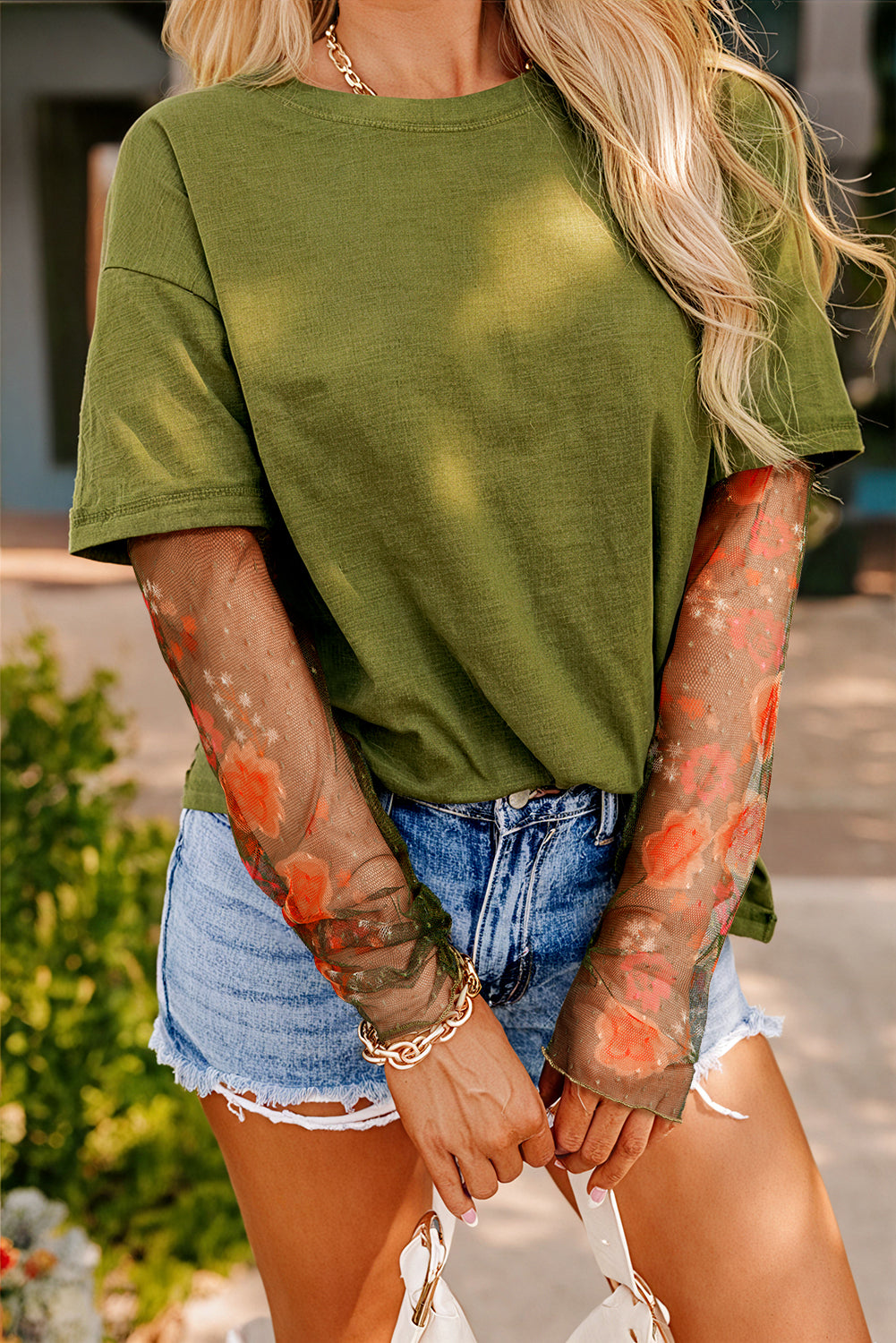 Dear-Lover floral long sleeve patchwork tee, white faux two-piece design, lightweight polyester, viscose, elastane blend, casual top.