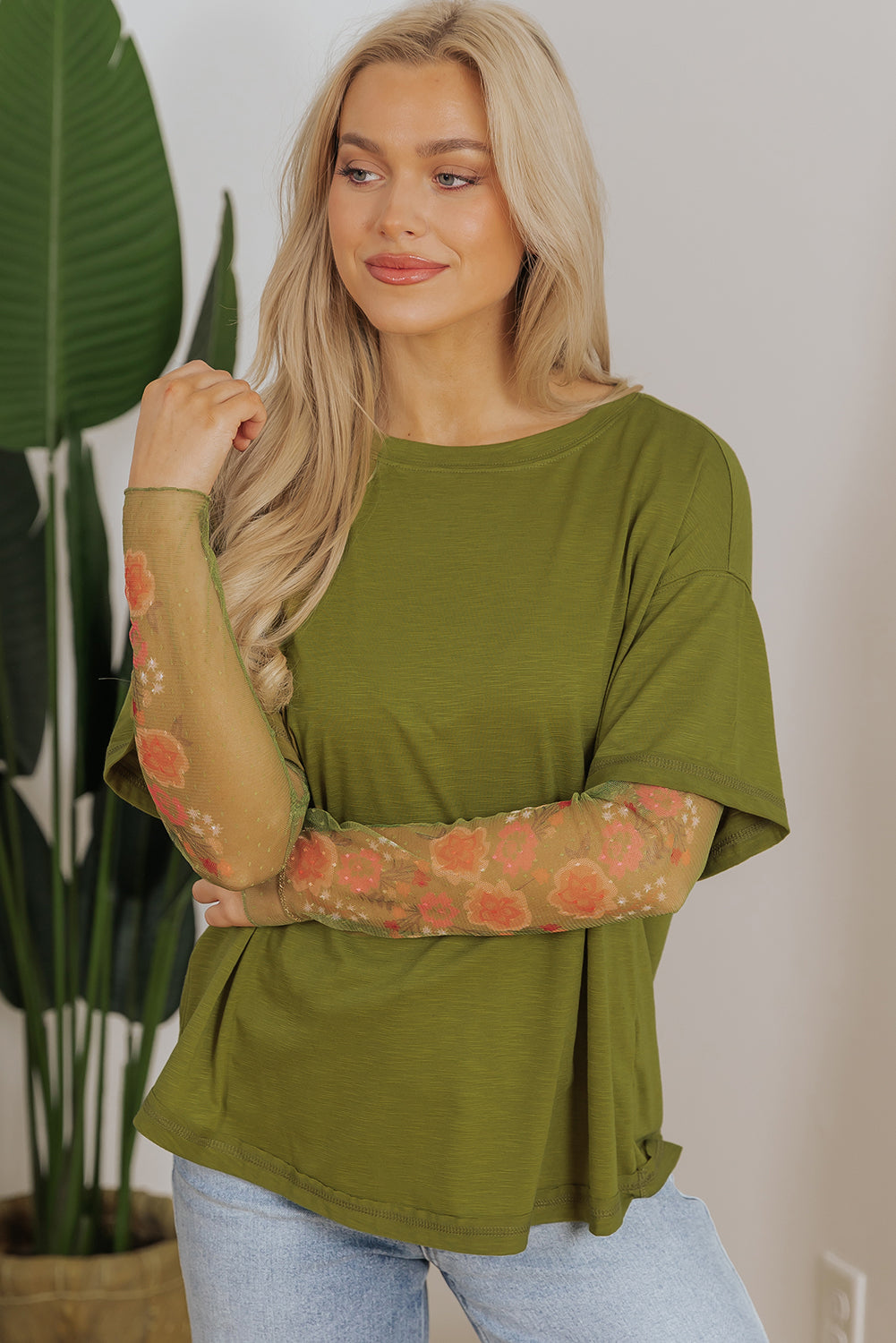 Dear-Lover floral long sleeve patchwork tee, white faux two-piece long sleeve top with floral design and comfortable fabric blend.