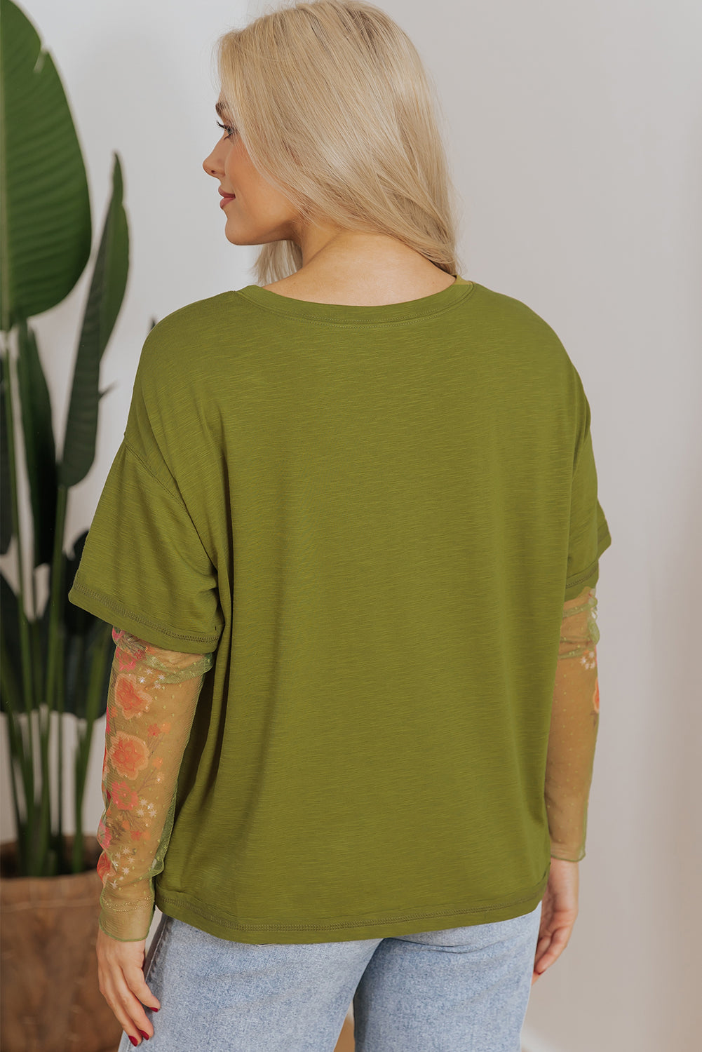 Faux two-piece floral long sleeve patchwork tee from Dear-Lover Dropshipping, white polyester and viscose long sleeve top with floral design.