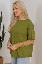 Faux two-piece floral long sleeve patchwork tee by Dear-Lover Dropshipping, white polyester and viscose top with floral design.