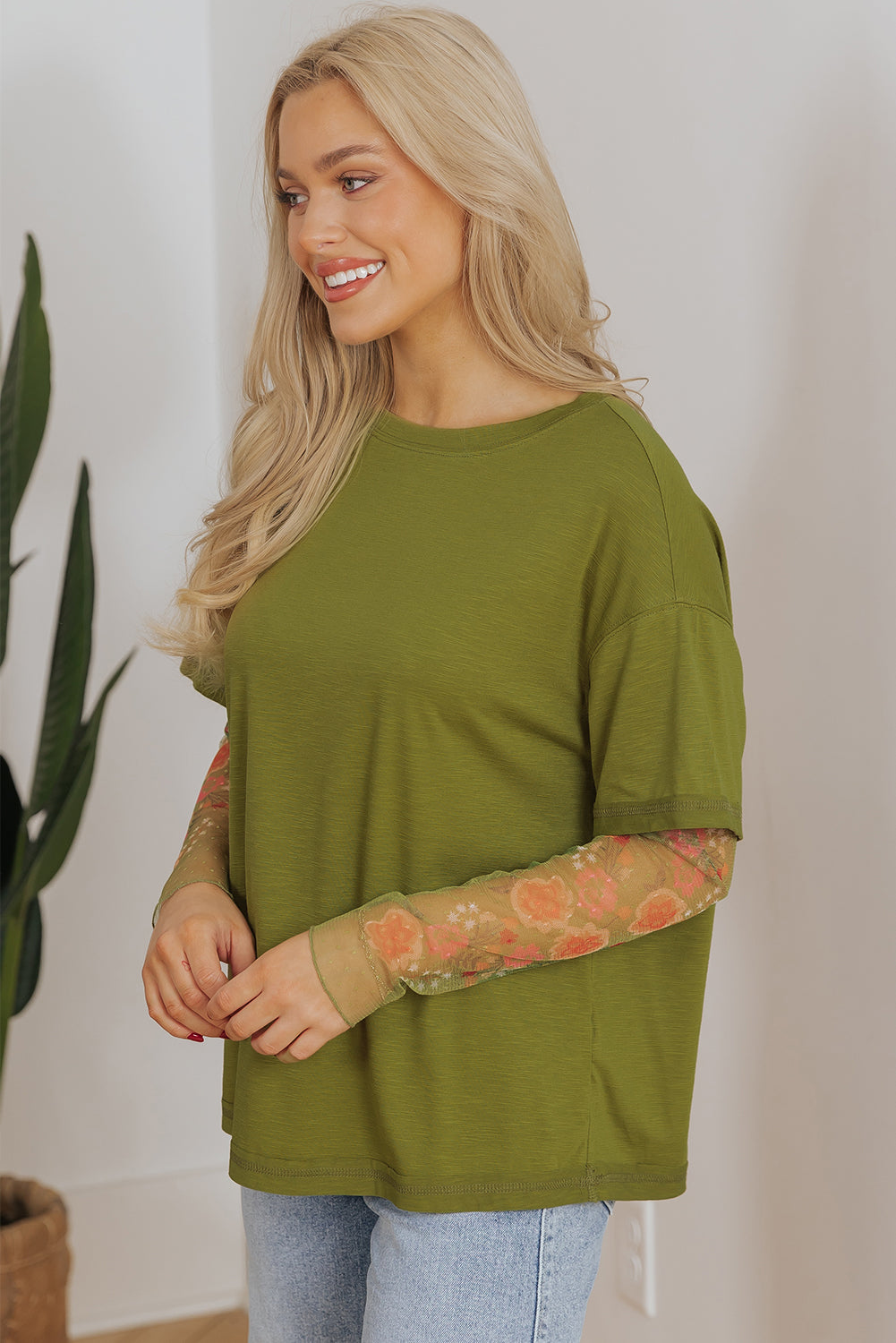 Faux two-piece floral long sleeve patchwork tee by Dear-Lover Dropshipping, white polyester and viscose top with floral design.