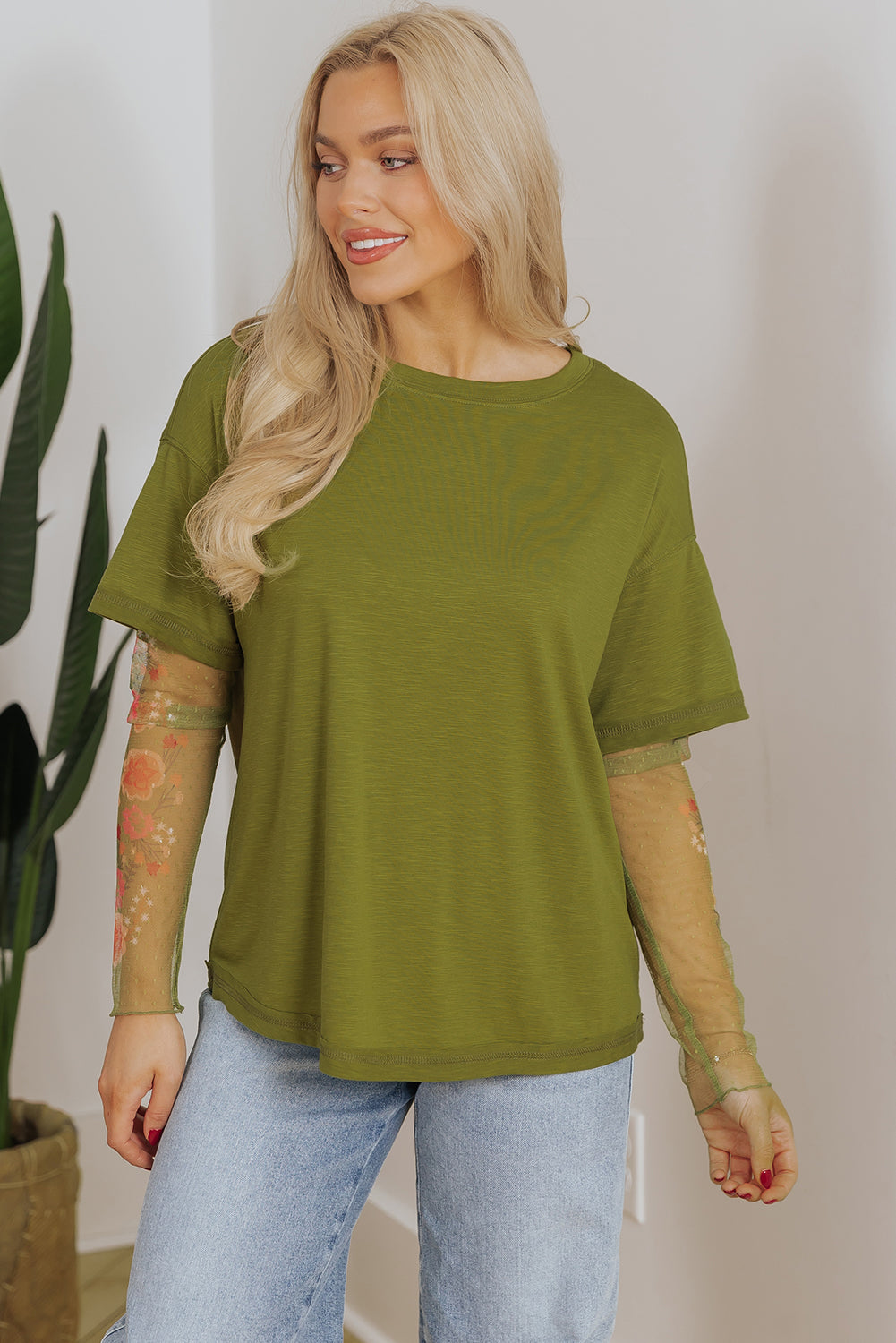 Dear-Lover faux two-piece floral long sleeve patchwork tee, white long sleeve top with floral design and patchwork details.