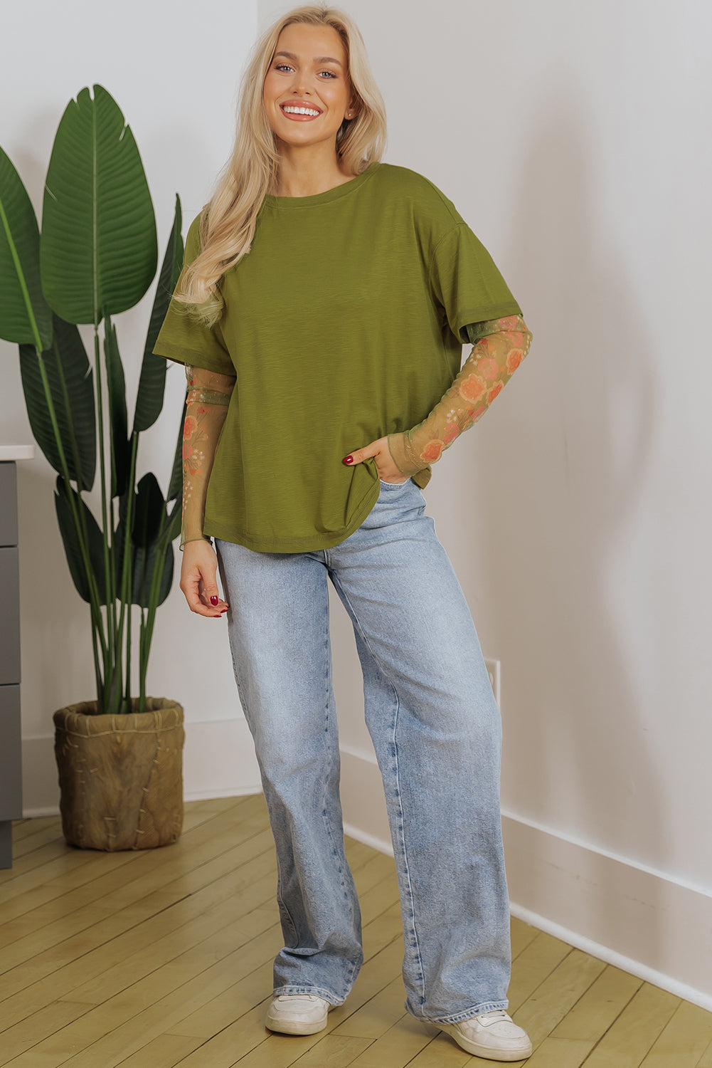 Faux two-piece floral long sleeve patchwork tee by Dear-Lover, white polyester-viscose-elastane top with floral pattern.