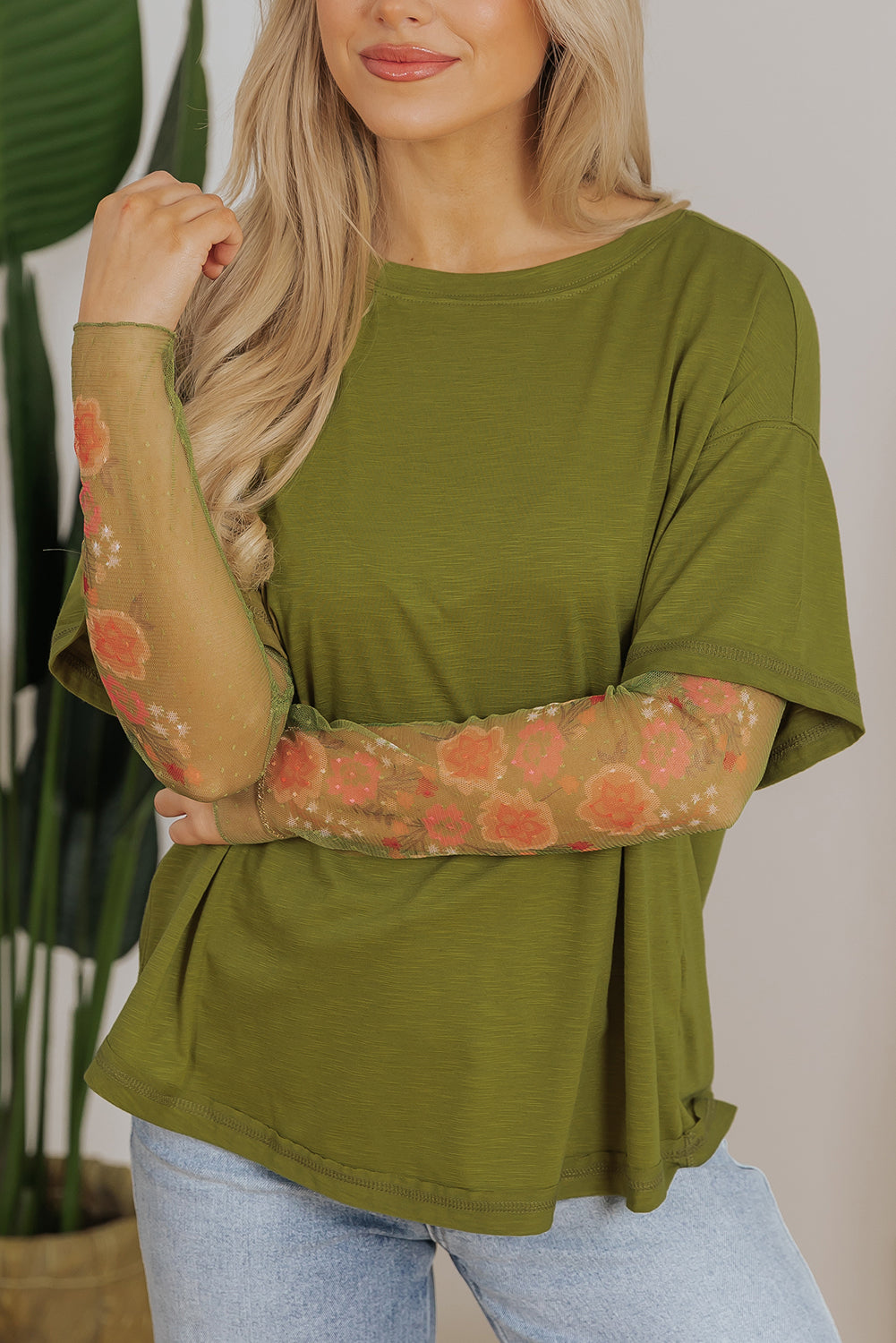 Faux two-piece floral long sleeve patchwork tee by Dear-Lover Dropshipping, white polyester, viscose, elastane long sleeve top.