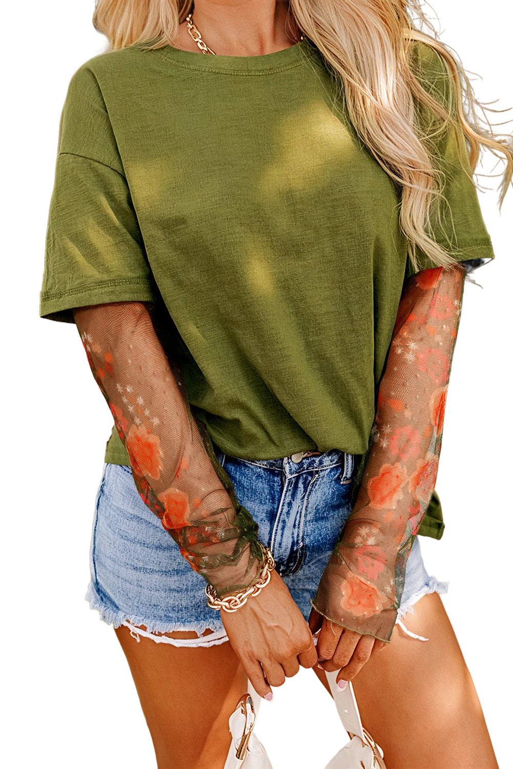 Dear-Lover Faux Two Piece Floral Long Sleeve Patchwork Tee, white long sleeve top with floral design and patchwork details.