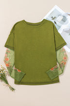 Faux two-piece floral long sleeve patchwork tee in white by Dear-Lover, made of polyester, viscose, and elastane, casual top.