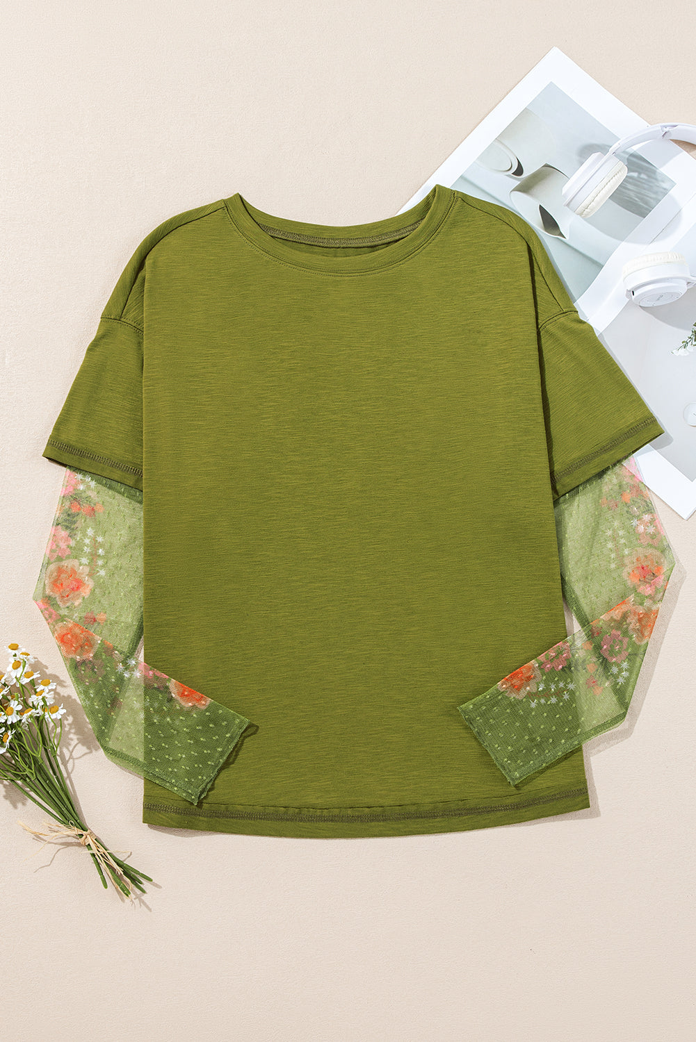 Faux two-piece floral long sleeve patchwork tee in white by Dear-Lover, made of polyester, viscose, and elastane, casual top.