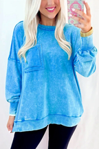 Blue mineral wash sweatshirt by Dear-Lover with raw seams, double patched pockets, and a pullover design.