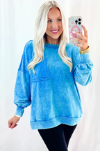 Blue mineral wash raw seam double patched pocket pullover sweatshirt, Dear-Lover branded cotton-polyester tops for casual wear.