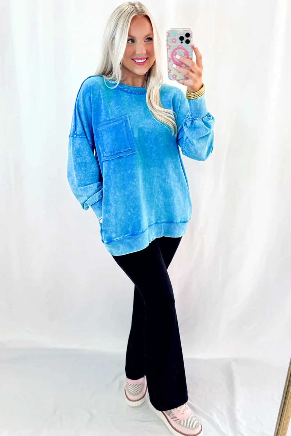 Blue mineral wash Dear-Lover pullover sweatshirt with raw seams, double patched pockets, made from cotton-polyester blend.