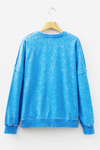 Blue mineral wash Dear-Lover sweatshirt with raw seams and double patched pockets, made of cotton-polyester blend, casual pullover top.