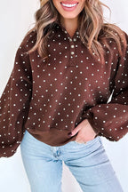 Brown polka dot print casual pullover sweatshirt with metal button collar from Dear-Lover, made of 100% polyester.