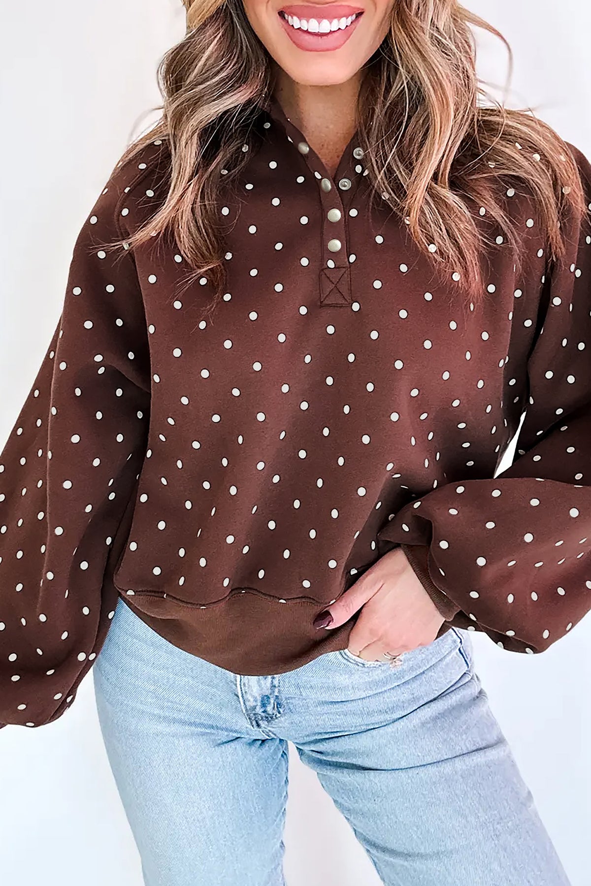 Brown polka dot print casual pullover sweatshirt with metal button collar from Dear-Lover, made of 100% polyester.