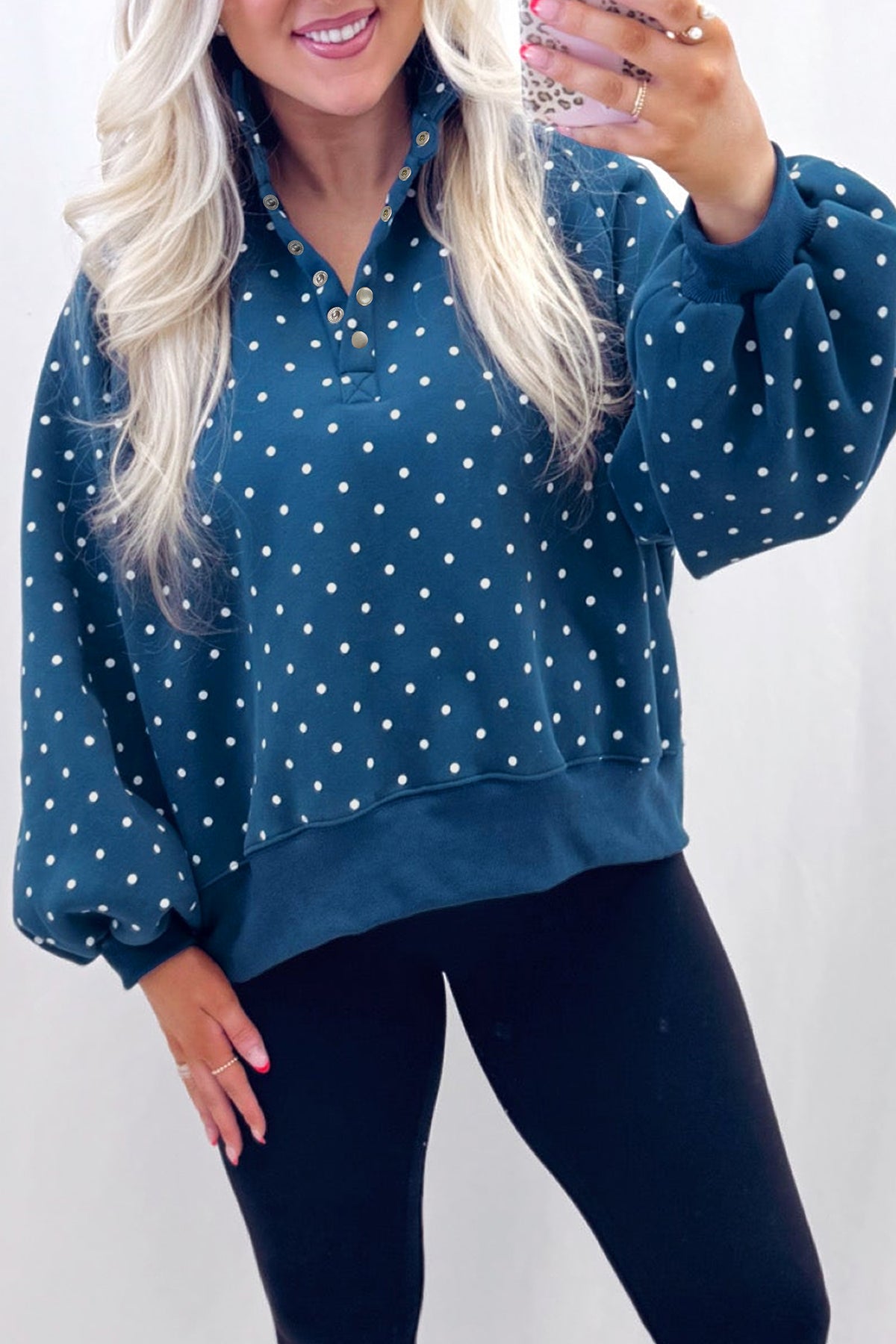 Brown polka dot print casual pullover sweatshirt with metal button collar, made of polyester, by Dear-Lover.