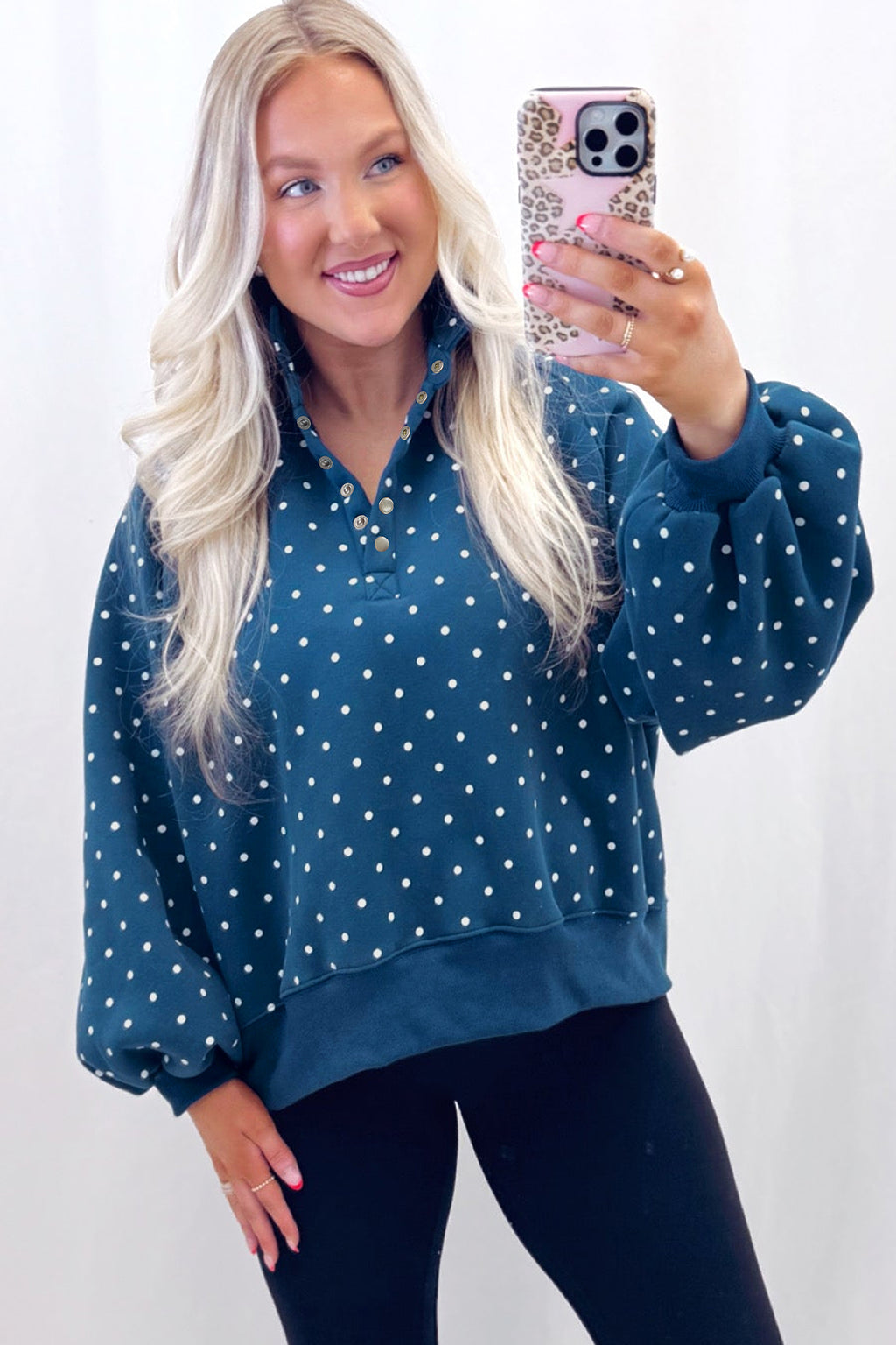 Brown polka dot print casual pullover sweatshirt with metal button collar from Dear-Lover, made of 100% polyester.