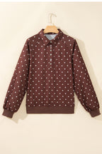 Brown polka dot print casual pullover sweatshirt with metal button collar, made of polyester, by Dear-Lover.