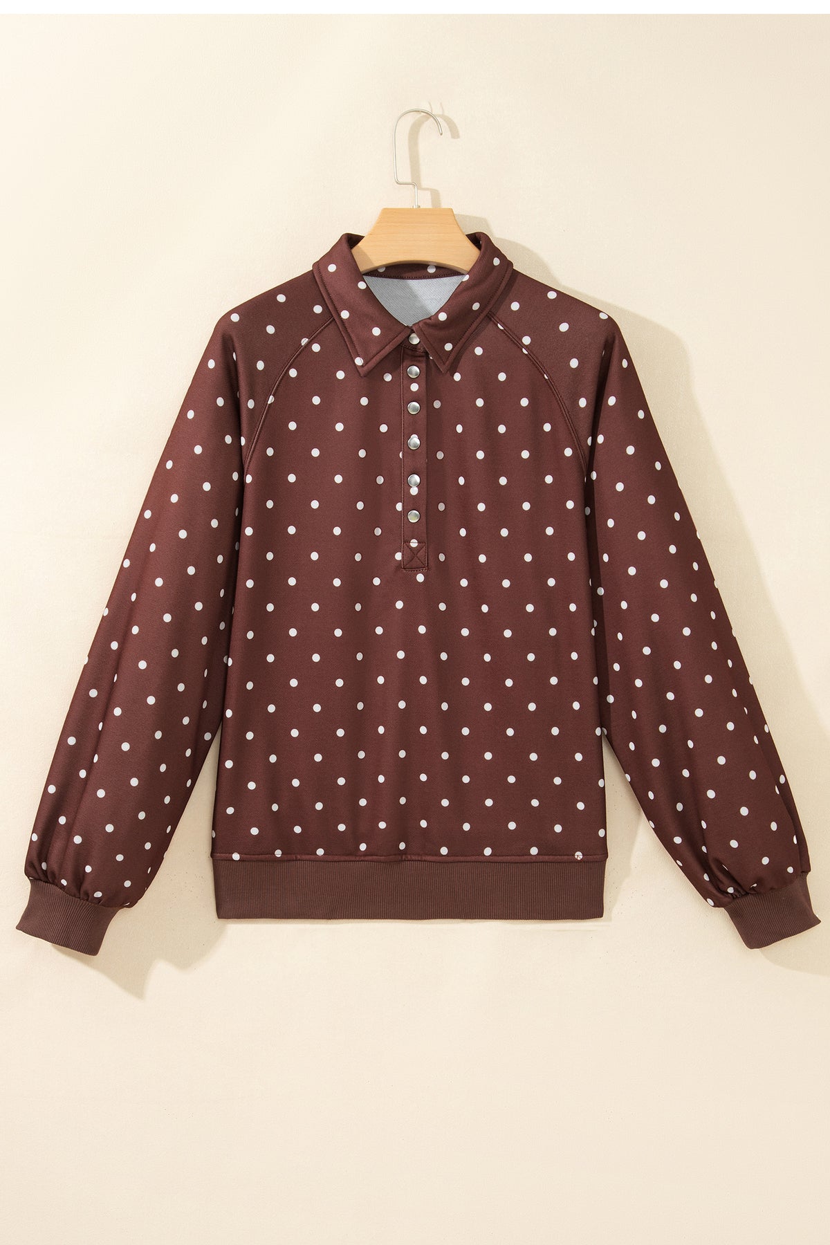 Brown polka dot print casual pullover sweatshirt with metal button collar, made of polyester, by Dear-Lover.