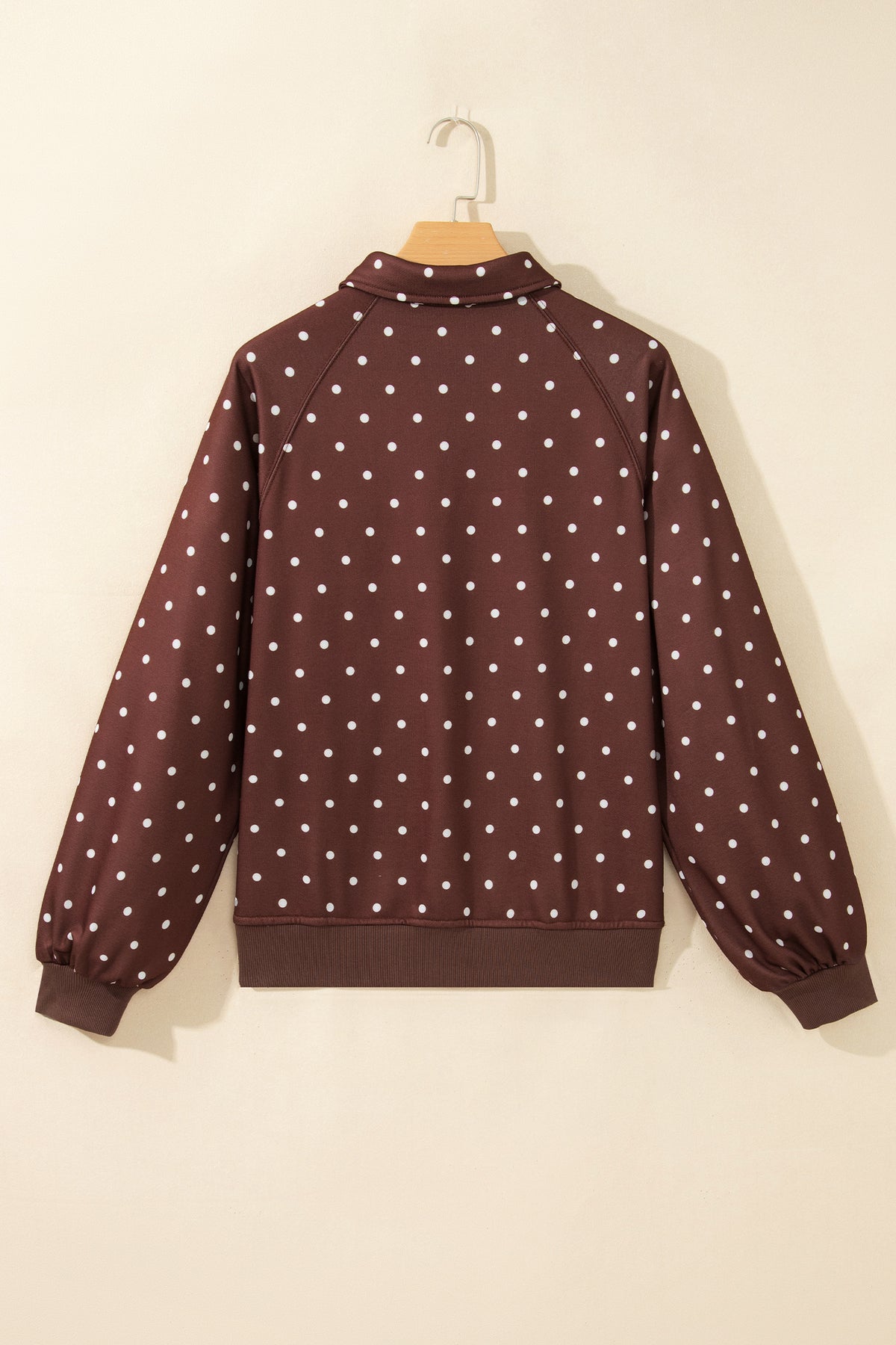 Brown polka dot print casual sweatshirt with metal button collar, made from polyester, by Dear-Lover, perfect for stylish comfort.