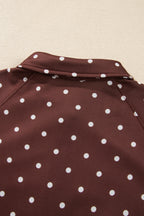 Brown polka dot print casual sweatshirt with metal button collar, made from polyester, by Dear-Lover Dropshipping.