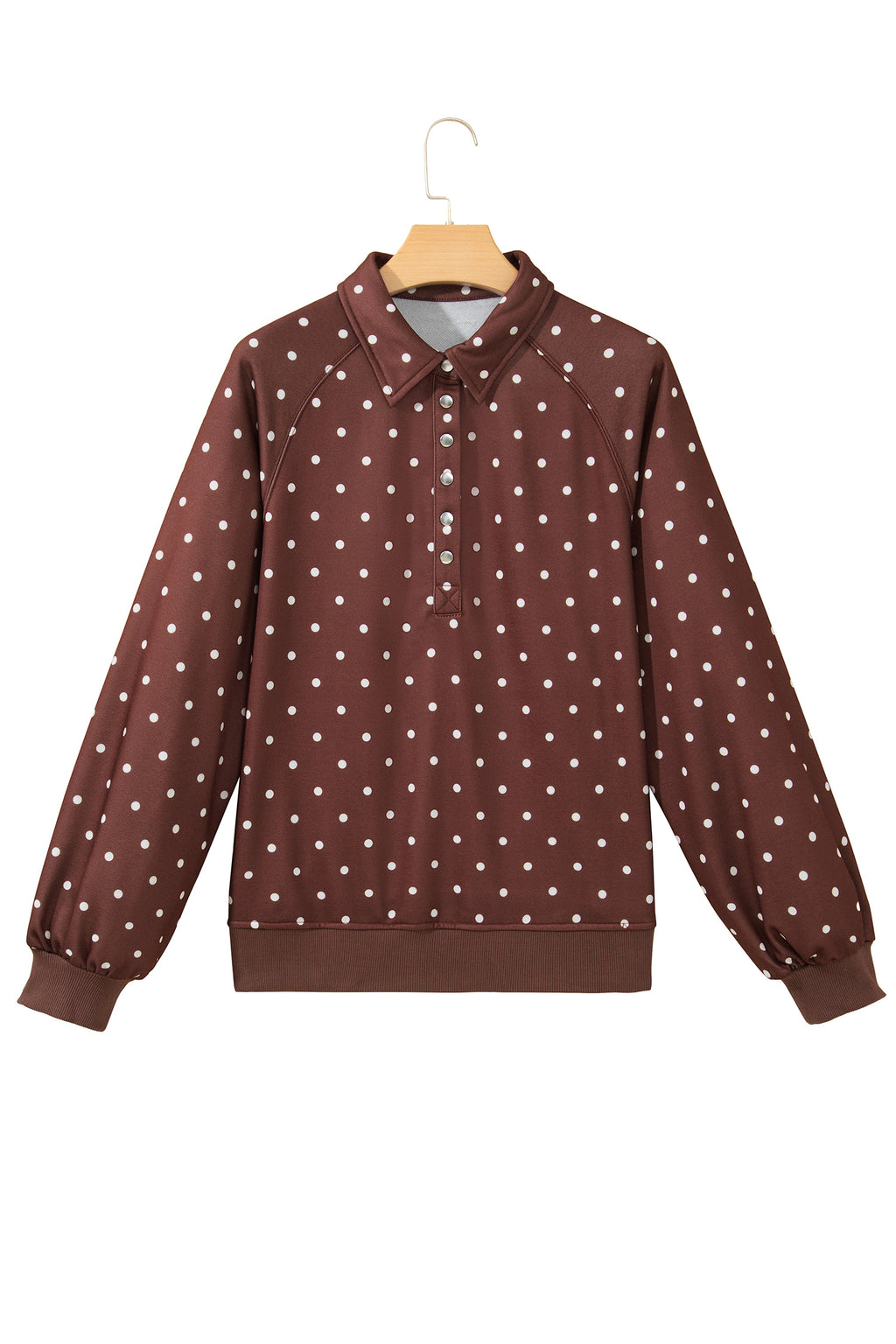 Brown polka dot print metal button collar casual sweatshirt from Dear-Lover, featuring a pullover design with a comfortable fit.