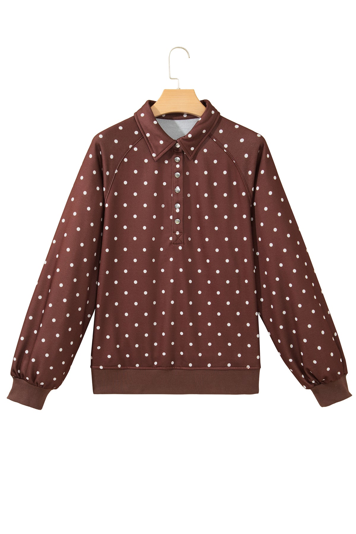 Brown polka dot print metal button collar casual sweatshirt from Dear-Lover, featuring a pullover design with a comfortable fit.