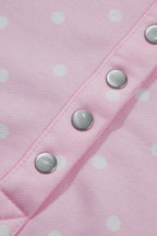 Brown polka dot print casual pullover sweatshirt with metal button collar from Dear-Lover, made of 100% polyester, for women's tops.