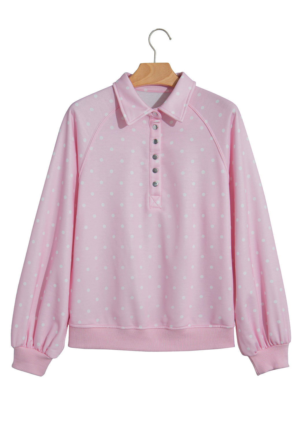 Brown polka dot print casual pullover sweatshirt with metal button collar, made of polyester, by Dear-Lover.