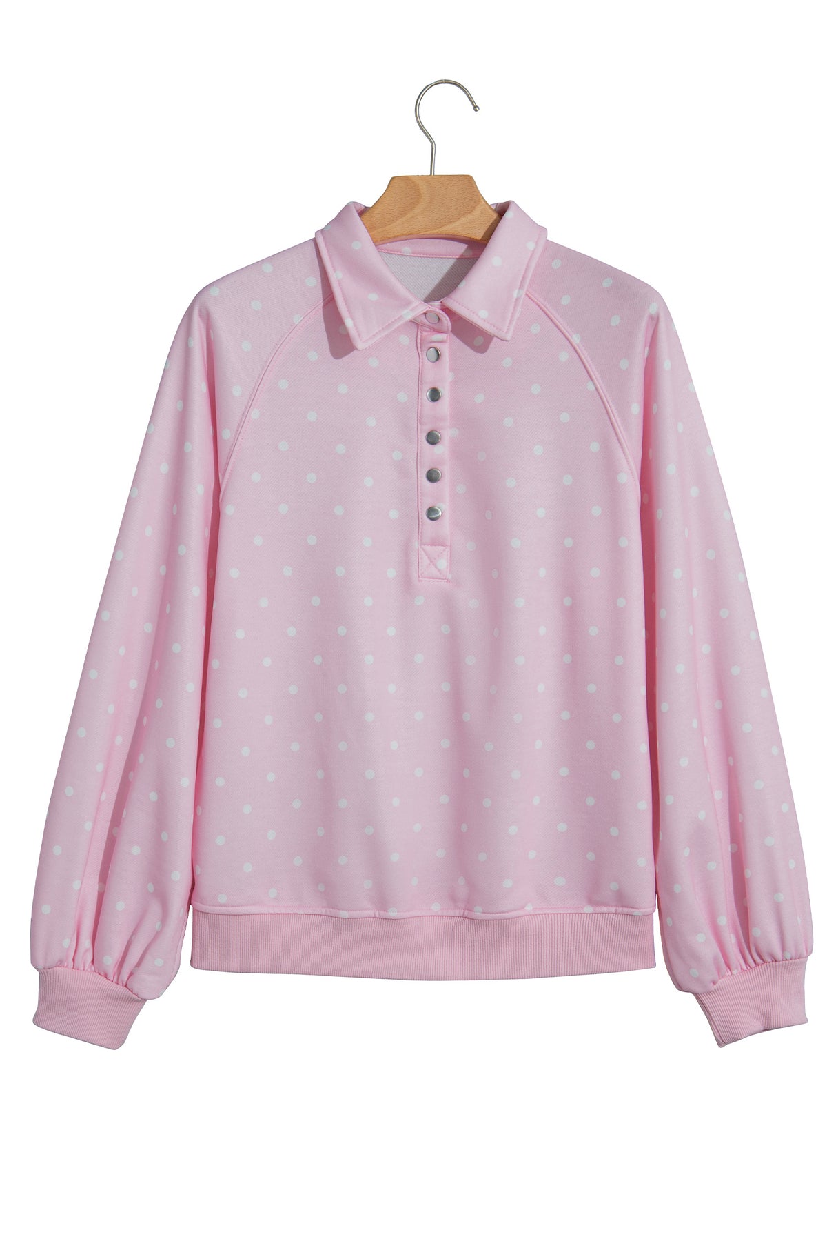 Brown polka dot print casual pullover sweatshirt with metal button collar, made of polyester, by Dear-Lover.