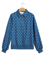 Brown polka dot print casual pullover sweatshirt with metal button collar, made of polyester, from Dear-Lover Dropshipping.