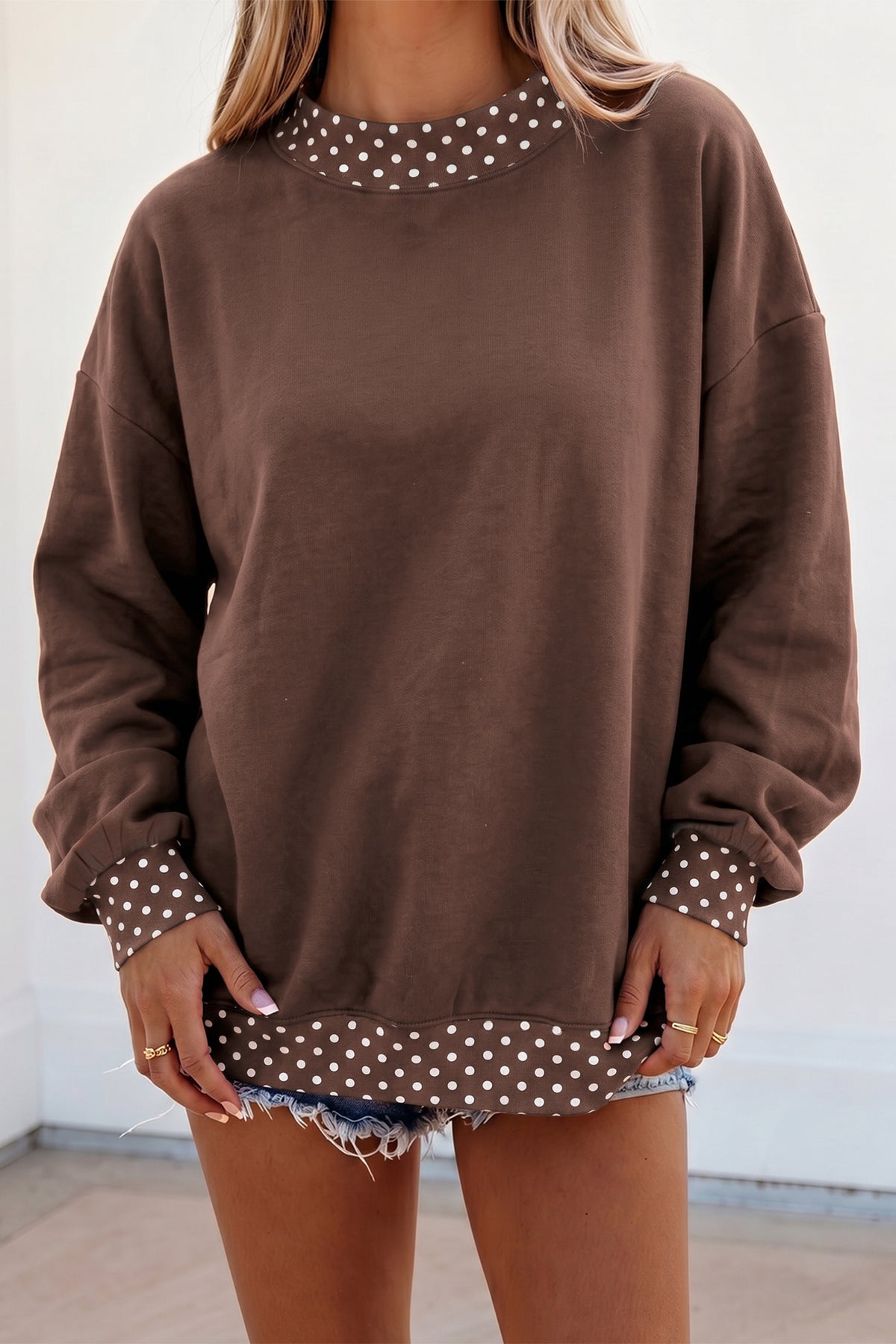 Brown colorblock polka dot oversized sweatshirt with contrast trim from Dear-Lover, featuring a cozy polyester-cotton blend and relaxed fit.