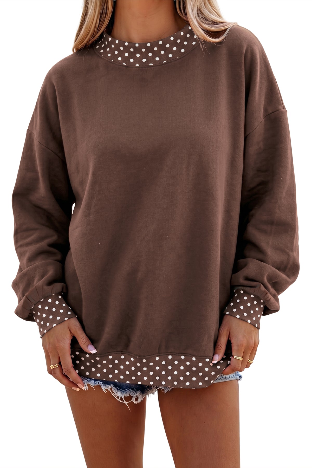 Brown colorblock polka dot oversized sweatshirt with contrast trim from Dear-Lover Dropshipping, made of polyester and cotton blend.
