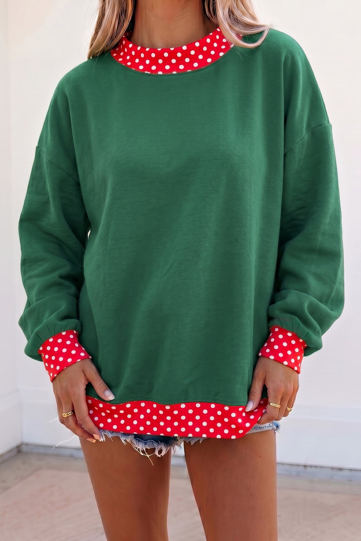 Brown colorblock polka dot oversized sweatshirt from Dear-Lover with contrast trim, made of polyester and cotton, casual top style