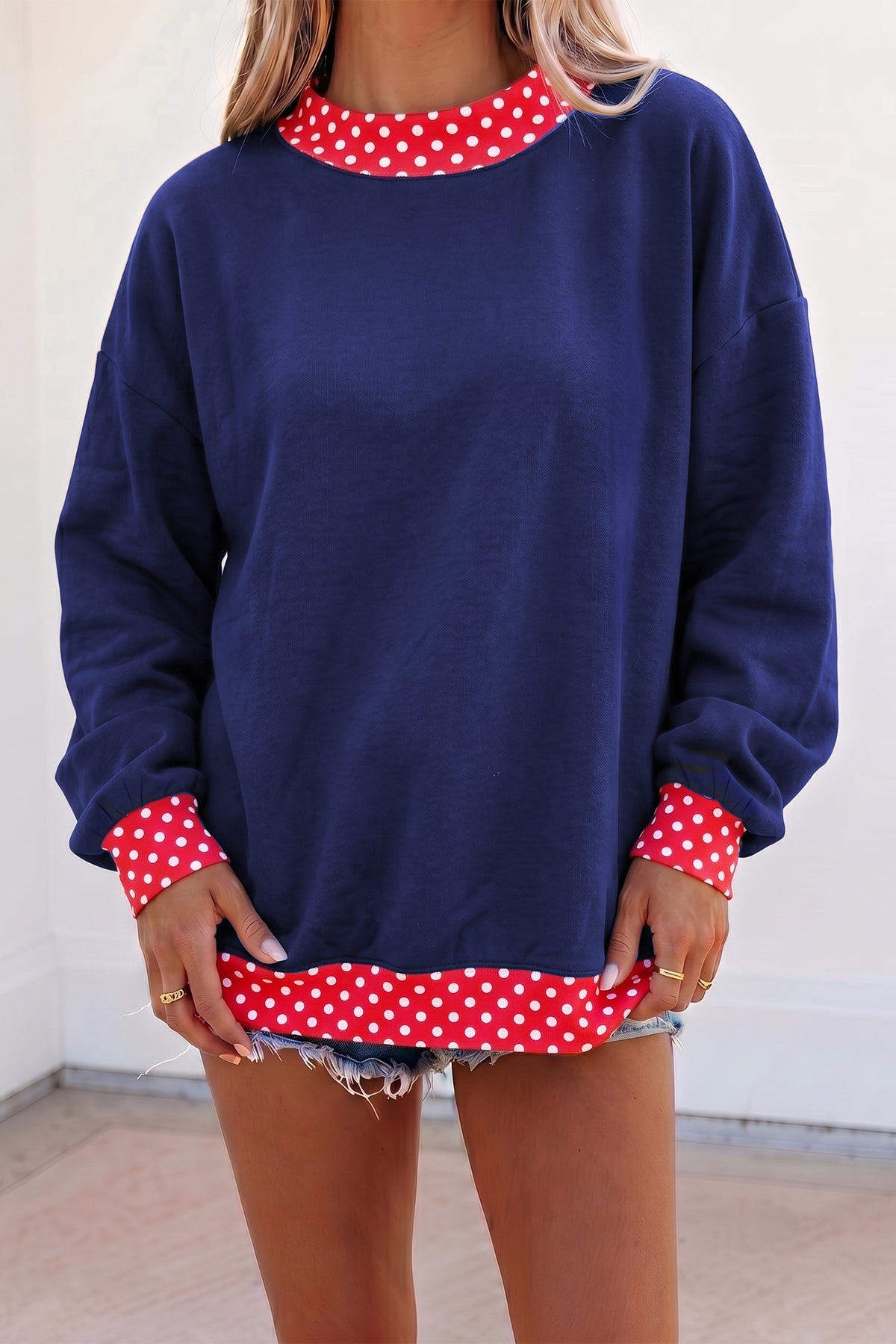 Brown colorblock polka dot oversized sweatshirt with contrast trim, made of polyester and cotton, by Dear-Lover.