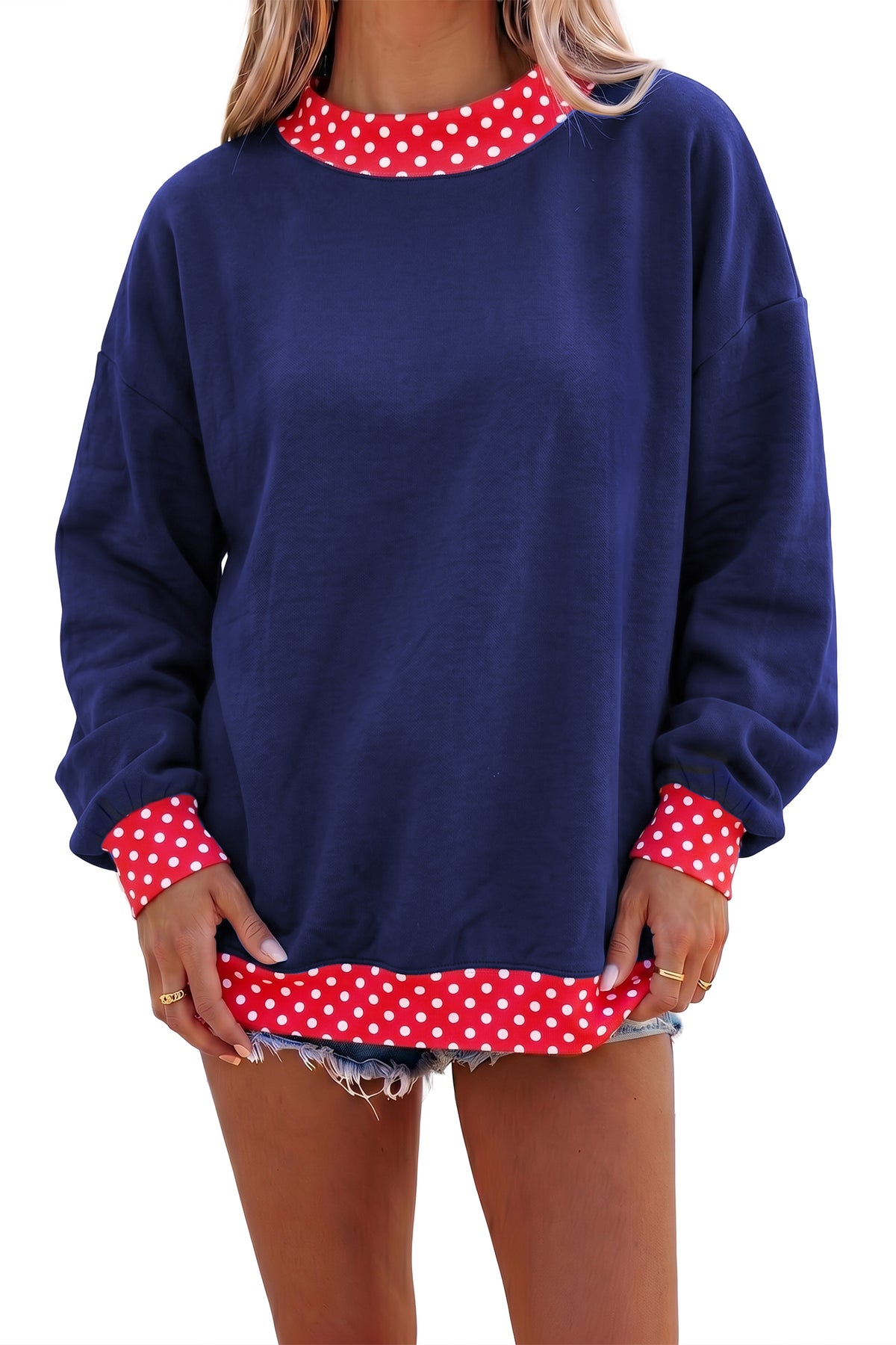 Brown colorblock polka dot oversized sweatshirt with contrast trim from Dear-Lover, featuring a cozy polyester-cotton blend.
