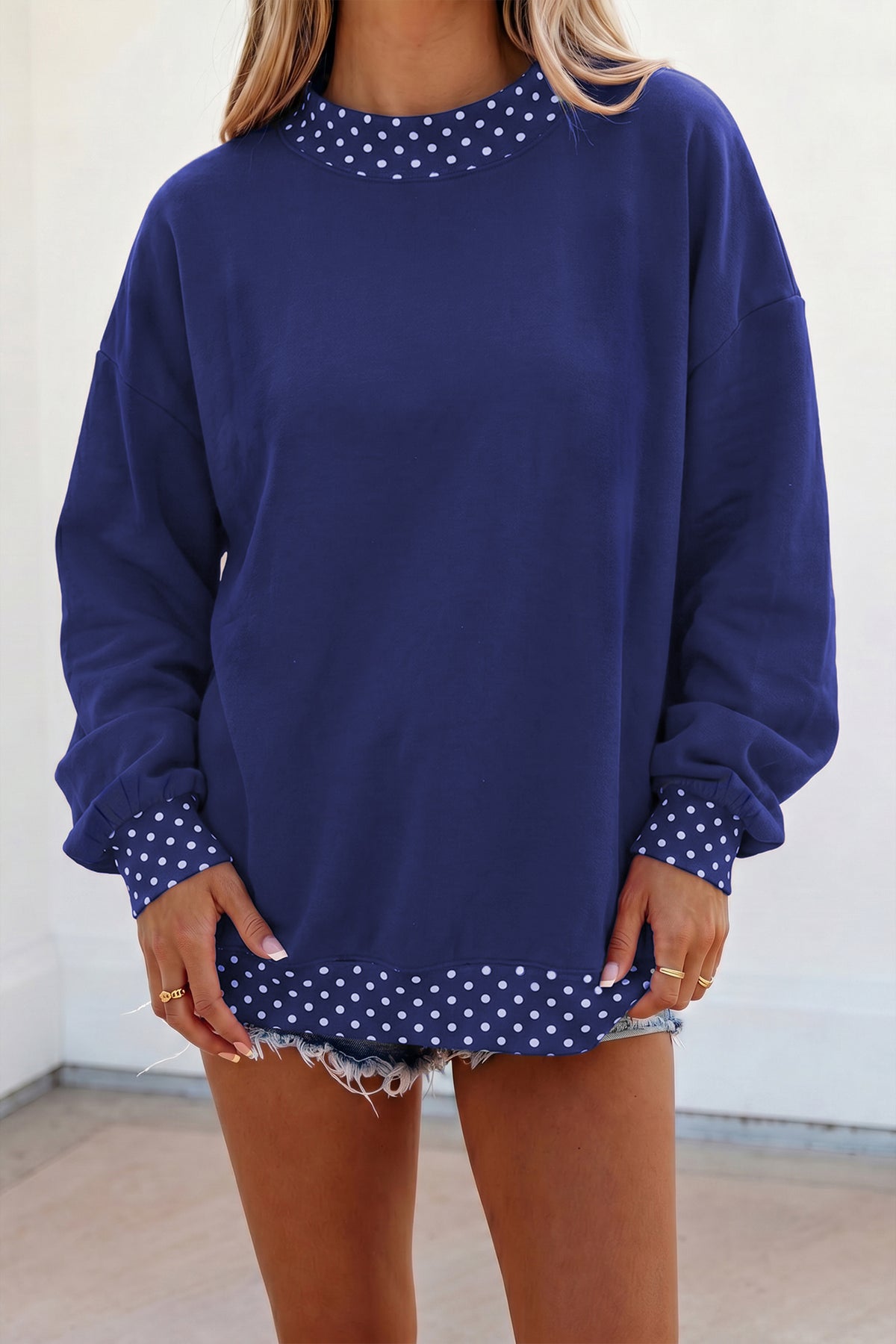 Brown colorblock polka dot contrast trim oversized sweatshirt from Dear-Lover Dropshipping, showing the relaxed fit and stylish design.