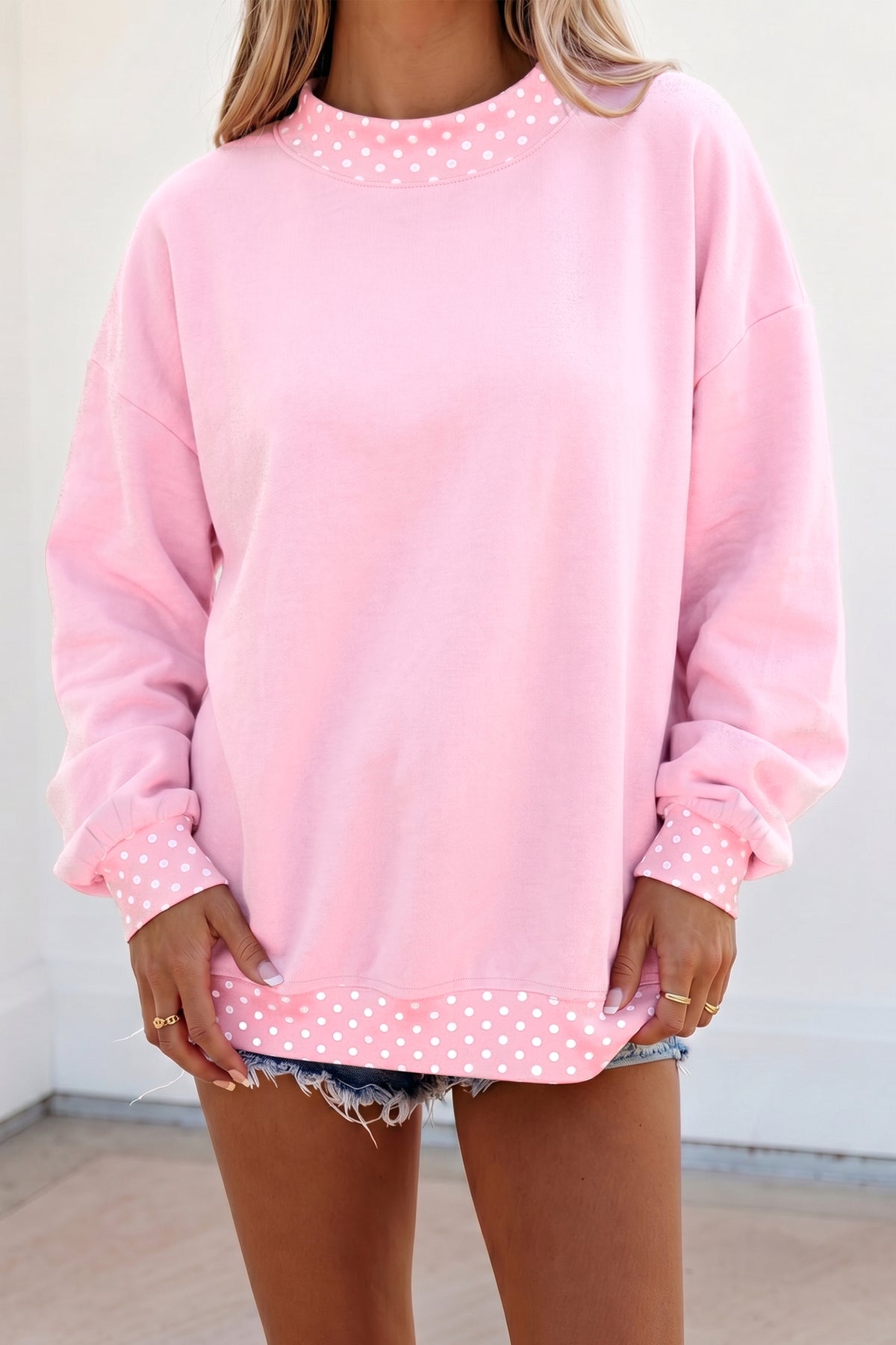 Brown colorblock polka dot oversized sweatshirt with contrast trim by Dear-Lover Dropshipping, featuring a cozy polyester-cotton blend.