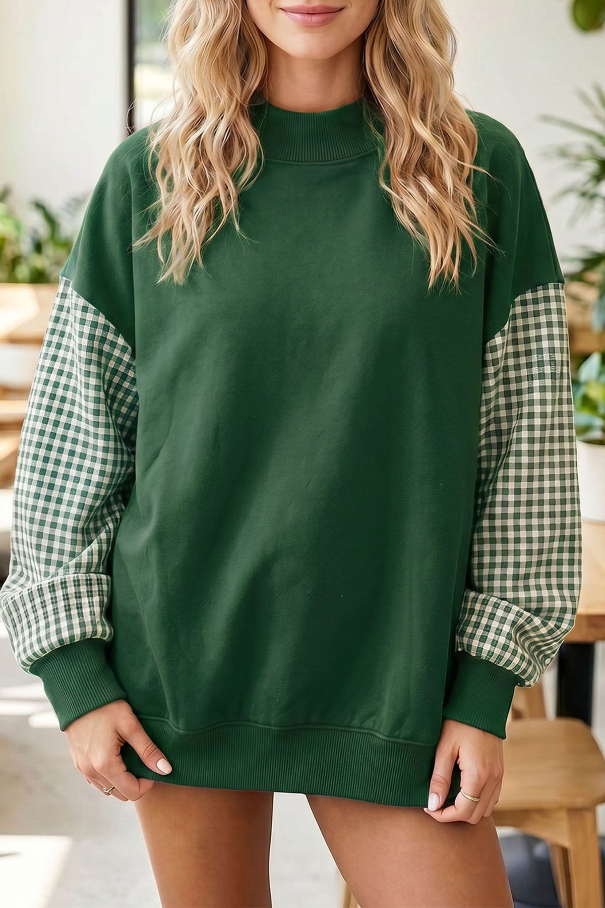 Dear-Lover plaid sleeve colorblock loose tunic sweatshirt with evergreen plaid design, casual tops for women.