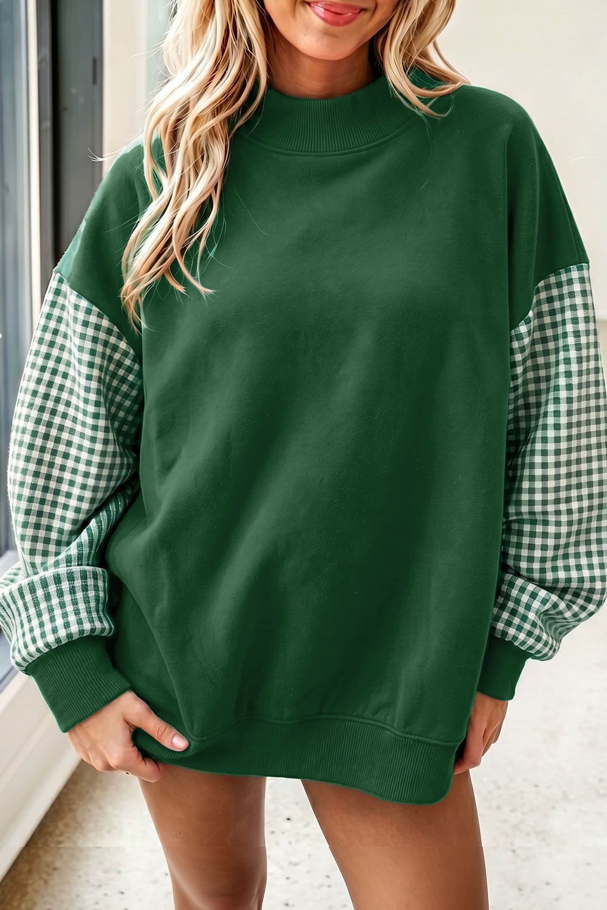 Dear-Lover plaid sleeve loose tunic sweatshirt with evergreen colorblock design, casual tops perfect for comfortable everyday wear.