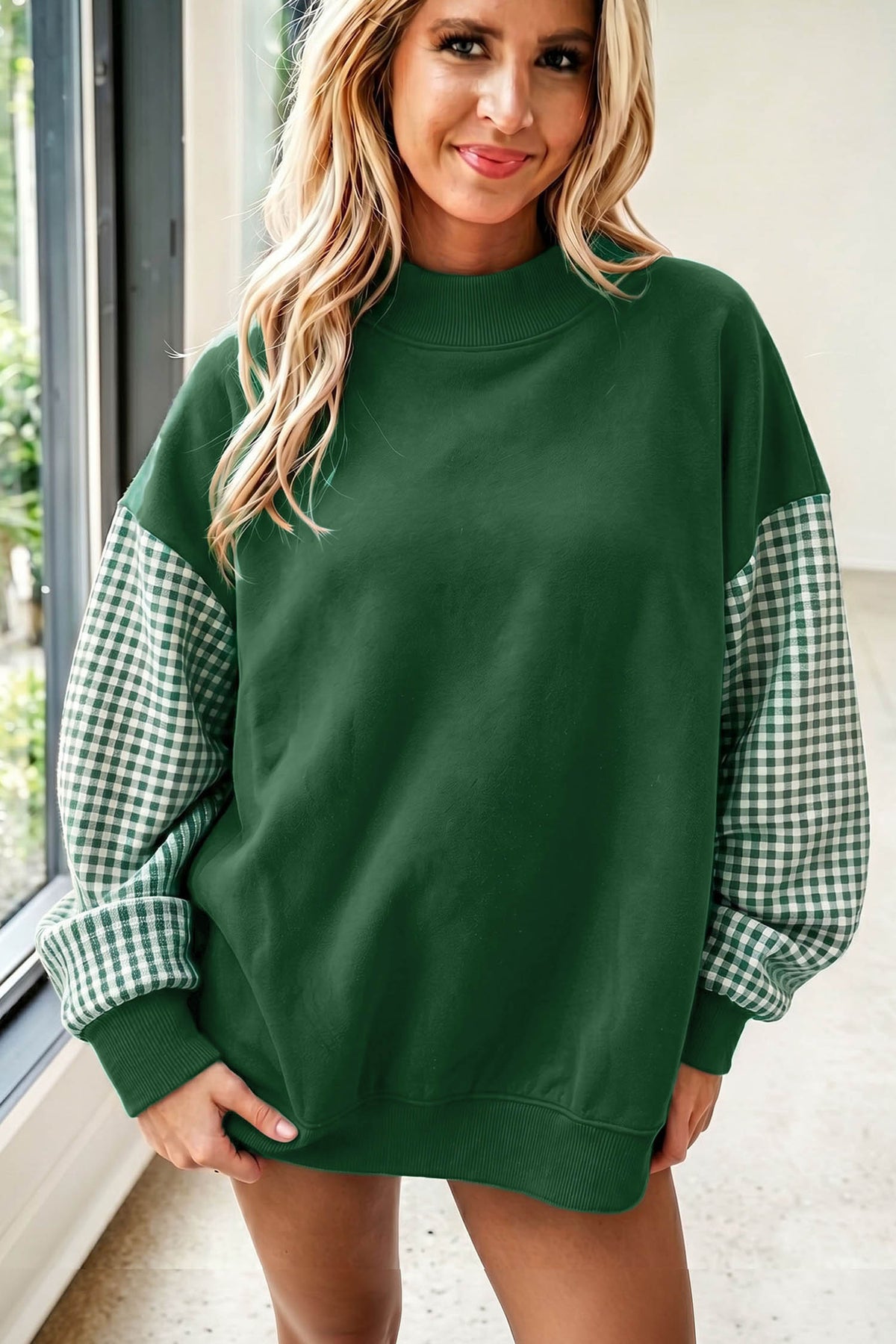 Dear-Lover Evergreen Plaid Sleeve loose tunic sweatshirt with colorblock design, featuring long sleeves and a relaxed fit.