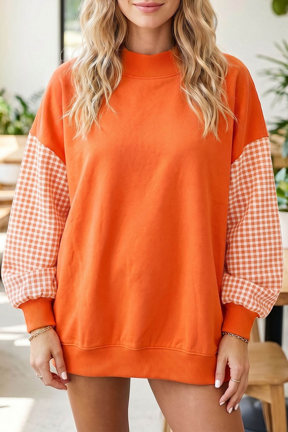 Dear-Lover loose tunic sweatshirt with evergreen plaid sleeves and colorblock design, casual fit, long sleeves, cozy look.